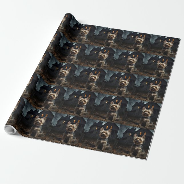 Papel De Presente Yorkshire Terrier Halloween Assustador (Desenrolado)