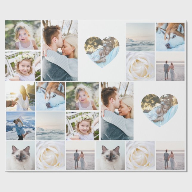 Papel De Presente Your Photos Custom Collage Grid Heart Modern (Aberto)