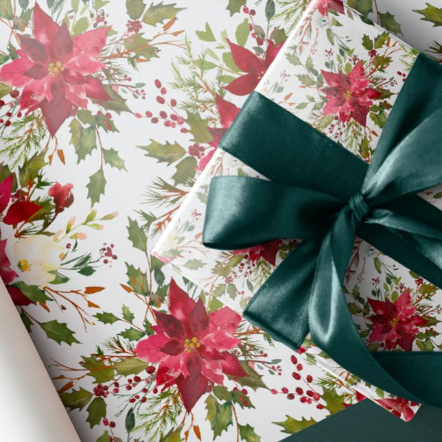 Papel De Presente Yuletide | Framboesas de Poinsettia, natal (Criador carregado)