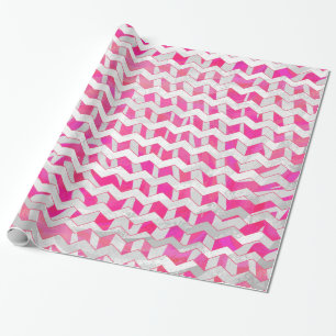 Papel De Presente Zebra Chevron Branca, Rosa-Quente