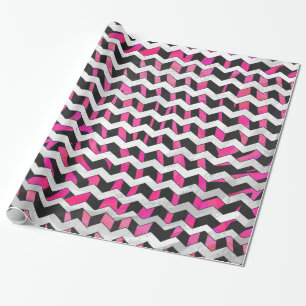 Papel De Presente Zebra Chevron Preto e Rosa Quente