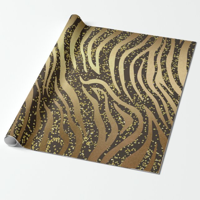 Papel De Presente Zebra de Glam Safari de Selva Brilho Lascas Dourad (Desenrolado)