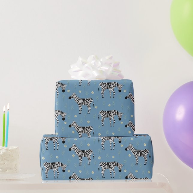 Papel De Presente Zebra in Savanna Safari Pattern on Light Blue (Presentes para festas)