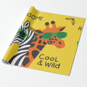 Papel De Presente zebra legal e girafa vestindo óculos em amarelo b
