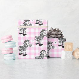 Papel De Presente Zebras no Gingham Rosa