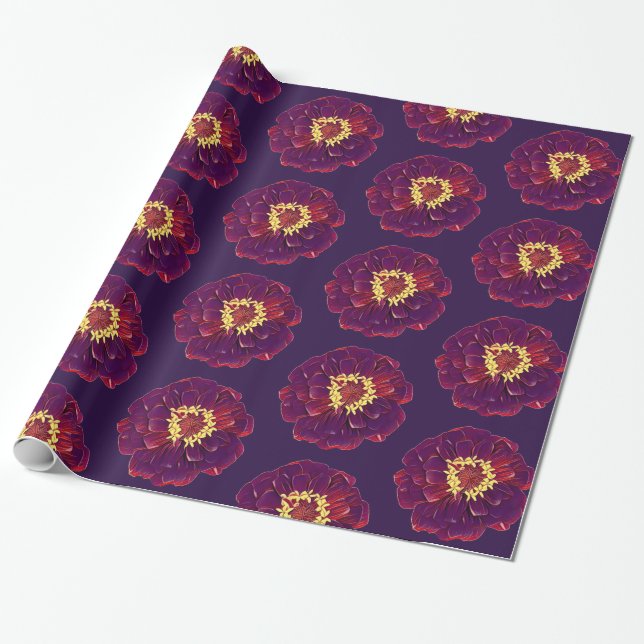 Papel De Presente Zínia Floral Pintada de Roxo Simples (Desenrolado)