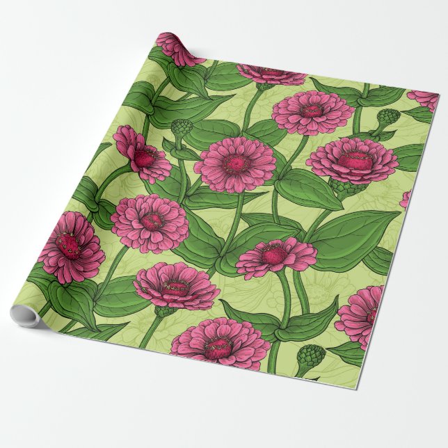 Papel De Presente Zinnias cor-de-rosa em verde claro (Desenrolado)