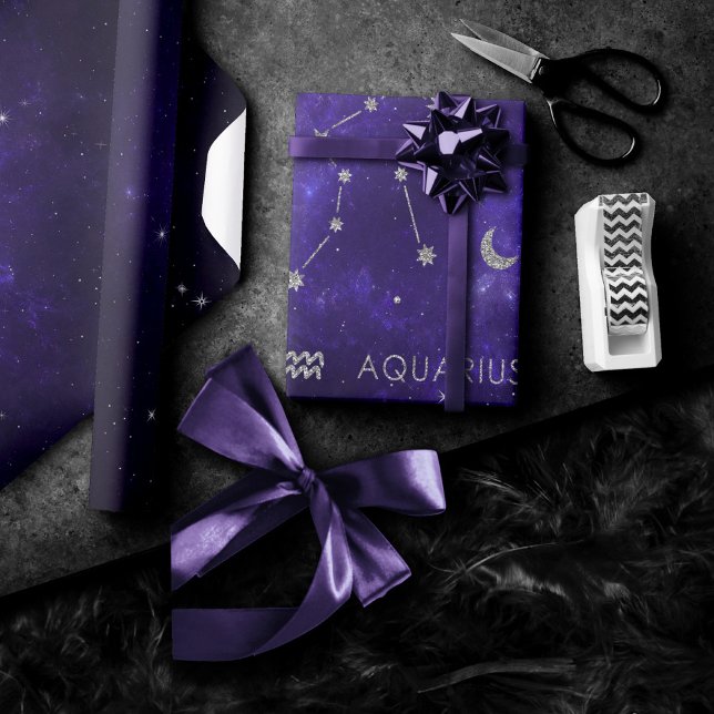 Papel De Presente Zodiac Purple Aquarius | Astrologia Horóscopo (Criador carregado)