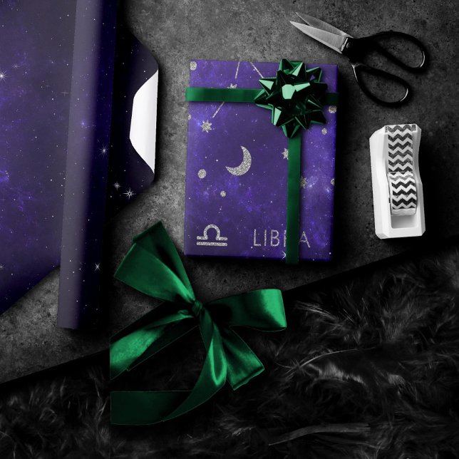 Papel De Presente Zodiac Purple Libra | Astrologia Cósmica Horoscópi (Criador carregado)