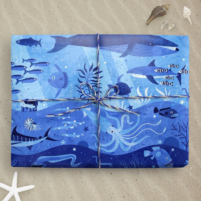 Papel De Presente Zonas de Profundidade Oceânica - Animais Submarino (Ocean Depth Zones - Undersea Animals L wrapping paper gift mockup)