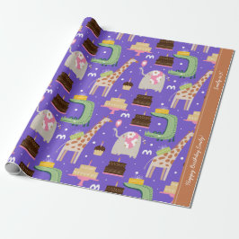 Papel De Presente Zoo Animal Padrão Roxo Feliz Aniversário com Texto