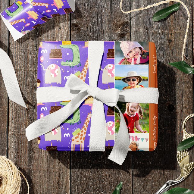 Papel De Presente Zoo Animal Padrão Roxo Foto de aniversário feliz (Criador carregado)