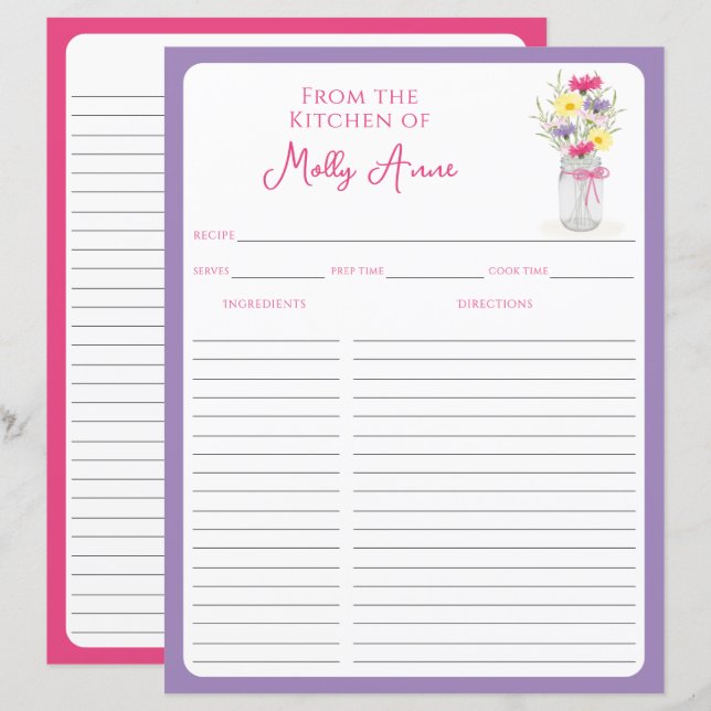 Papel de Receita de Jarros de Mason com Flores Sil (Frente/Verso)