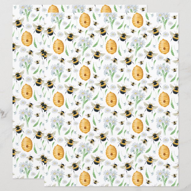 Papel de Scrapbook Abelhas Mel Floral (Frente/Verso)