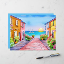 Papel de Scrapbook Aquarela do Pôr do Sol da Vila