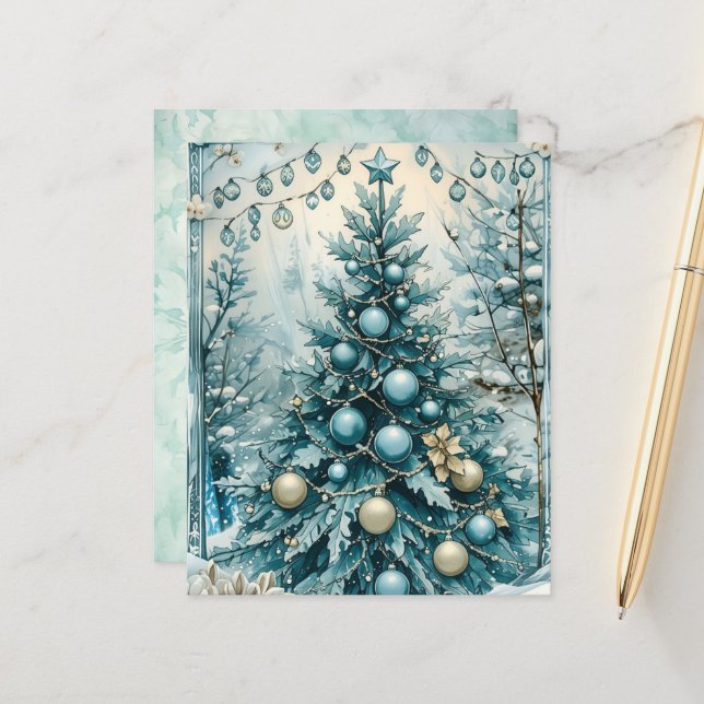 Papel de Scrapbook Árvore de Natal Azul de Inverno (Frente/Verso In Situ)