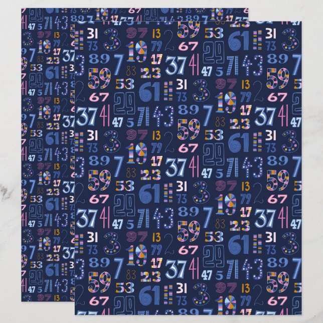 Papel de Scrapbook Azul Escuro com Números Primos  (Frente/Verso)