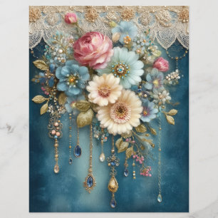 Papel de Scrapbook com Flores Azuis Turquesa e Gem