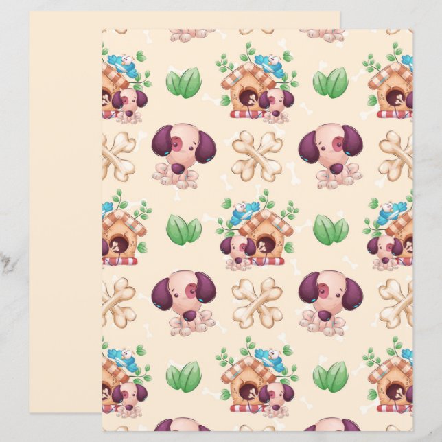 Papel de Scrapbook com Padrão de Cachorro Adorável (Frente/Verso)