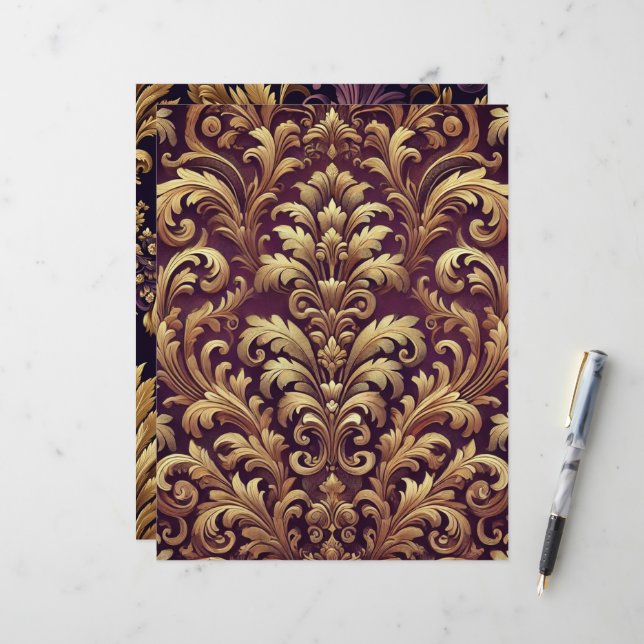 Papel de scrapbook Damask vitoriano roxo e Dourado (Frente/Verso In Situ)