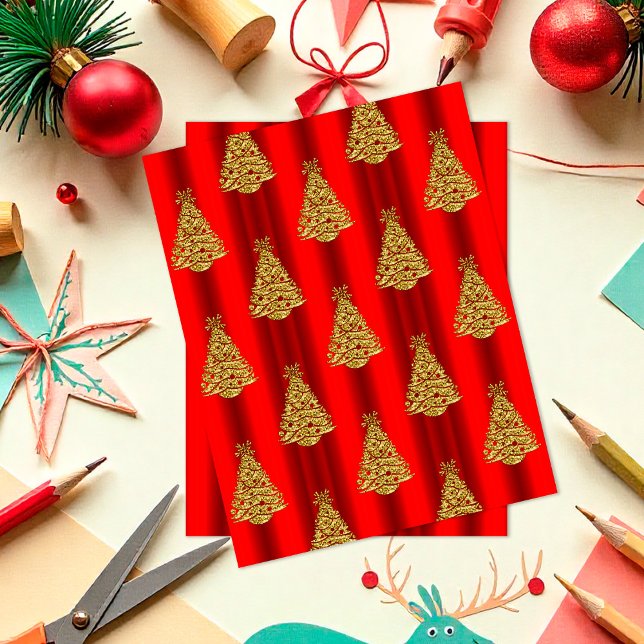 Papel de Scrapbook de Árvores de Natal Vermelhas e (Red and Gold Christmas Trees Scrapbook Paper by the Olde Christmas Shoppe)
