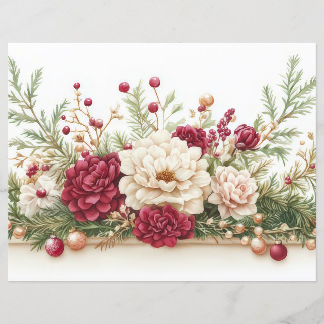 Papel de Scrapbook de Bolas e Flores de Natal (Frente)