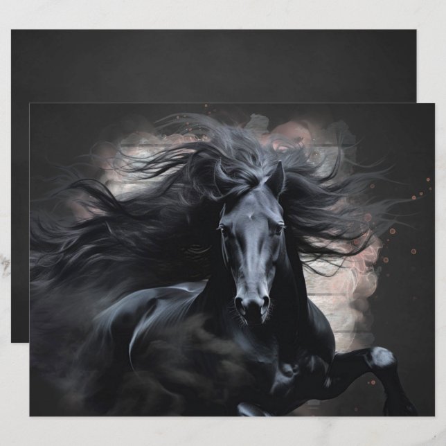 Papel de Scrapbook de Cavalo Friesian Preto (Frente/Verso)