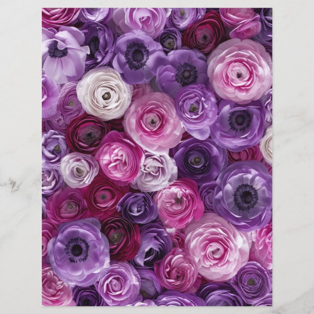 Papel de Scrapbook de Colagem Floral Rosa Roxo (Frente)