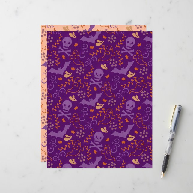 Papel de Scrapbook de Crânios e Fantasmas de Hallo (Frente/Verso In Situ)