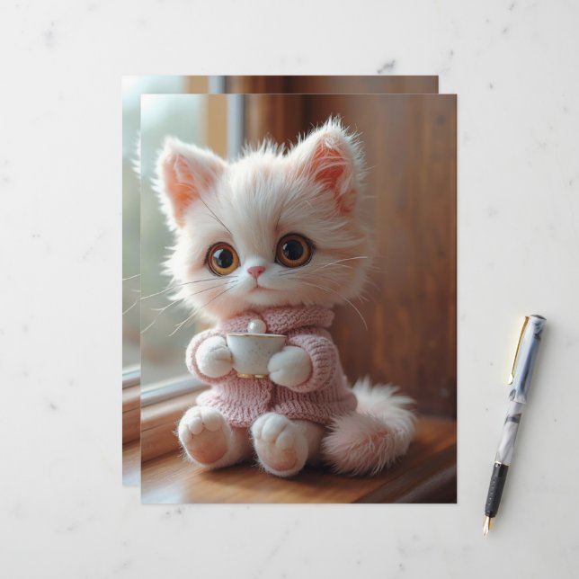 Papel de Scrapbook de Gato Branco Fofinho e Rosa C (Frente/Verso In Situ)