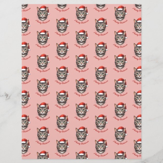 Papel de Scrapbook de Gato de Natal Fofo com Chapé (Frente)