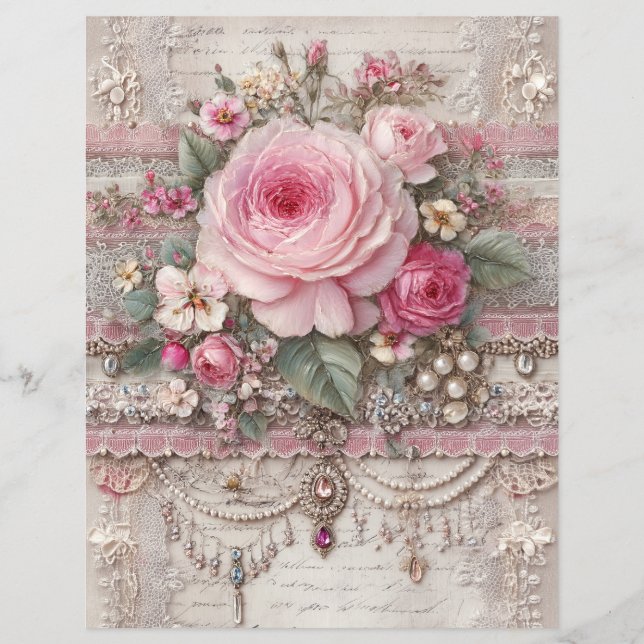 Papel de Scrapbook de Jornal Velho com Rosas Rosas (Frente)