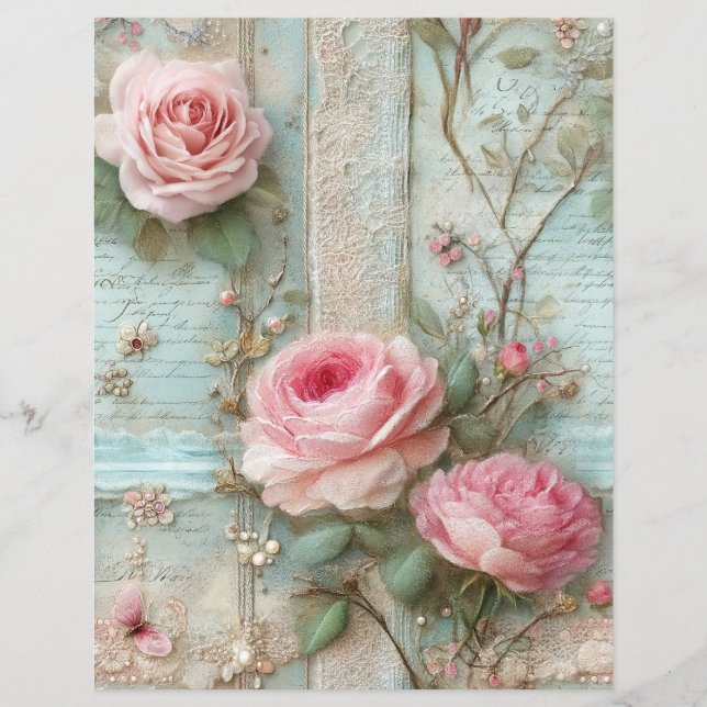 Papel de Scrapbook de Jornal Velho de Rosas Rosas (Frente)