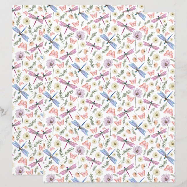 Papel de Scrapbook de Libélulas & Borboletas (Frente/Verso)