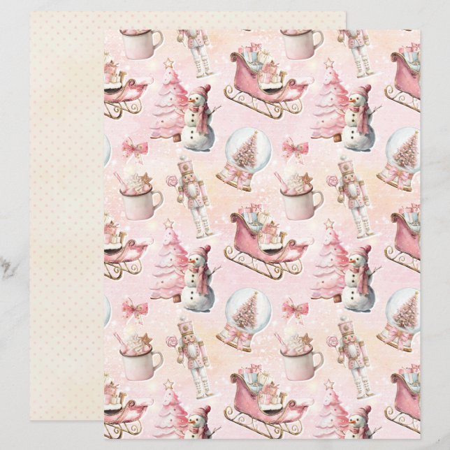 Papel de Scrapbook de Natal Rosa Pastel Fofo (Frente/Verso)