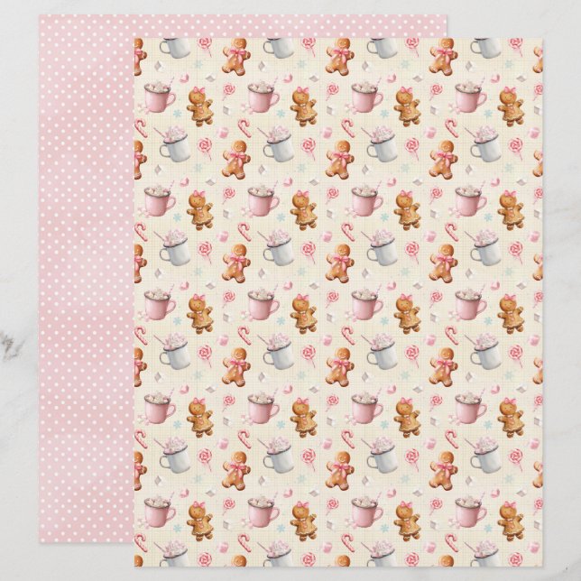 Papel de Scrapbook de Natal Rosa Pastel Fofo (Frente/Verso)