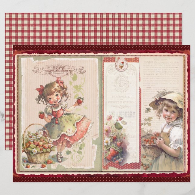 Papel de Scrapbook Fazenda de Morango Vintage (Frente/Verso)