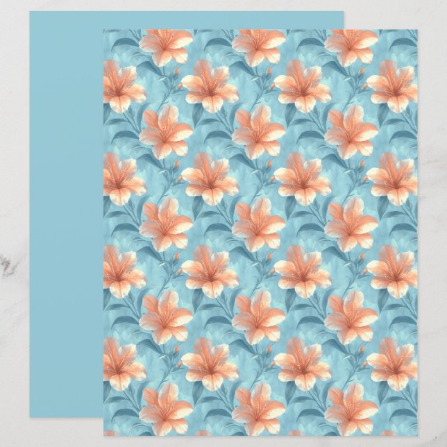 Papel de Scrapbook Floral Hibisco Pêssego (Frente/Verso)