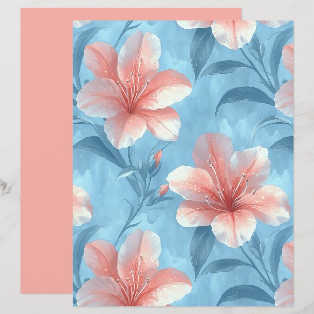 Papel de Scrapbook Floral Hibisco Pêssego (Frente/Verso)