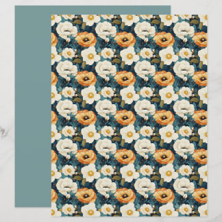 Papel de Scrapbook Floral Laranja e Creme Amarelo