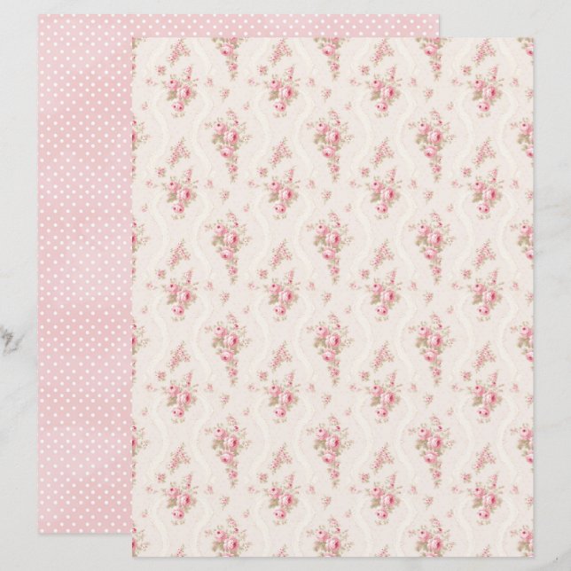 Papel de Scrapbook Floral Rosa Coquete Vintage (Frente/Verso)