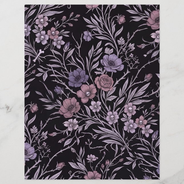 Papel de Scrapbook Flores Roxas Caveira Gótica (Frente)