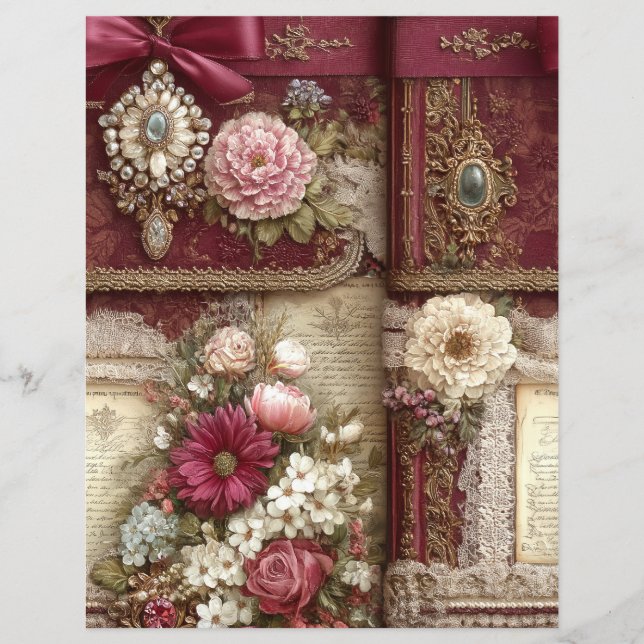 Papel de Scrapbook Journal Junk Vermelho Borgonha  (Frente)