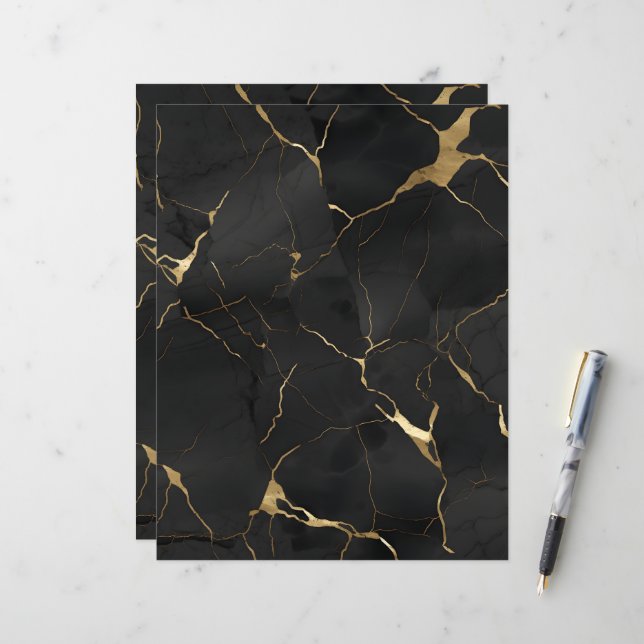 Papel de Scrapbook Mármore Preto Dourado (Frente/Verso In Situ)