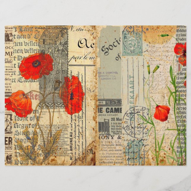 Papel de Scrapbook Papoulas Vintage Shabby Chic Ar (Frente)