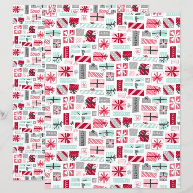 Papel de Scrapbook Presentes de Natal Verde e Verm (Frente/Verso)