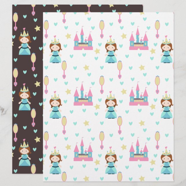 Papel de Scrapbook Princesa com Castelo e Espelhos (Frente/Verso)