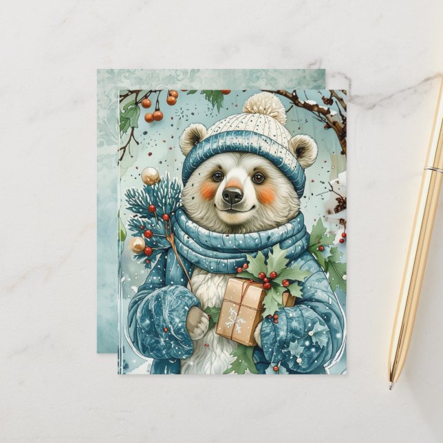 Papel de Scrapbook Urso Polar Inverno Aquarela (Frente/Verso In Situ)