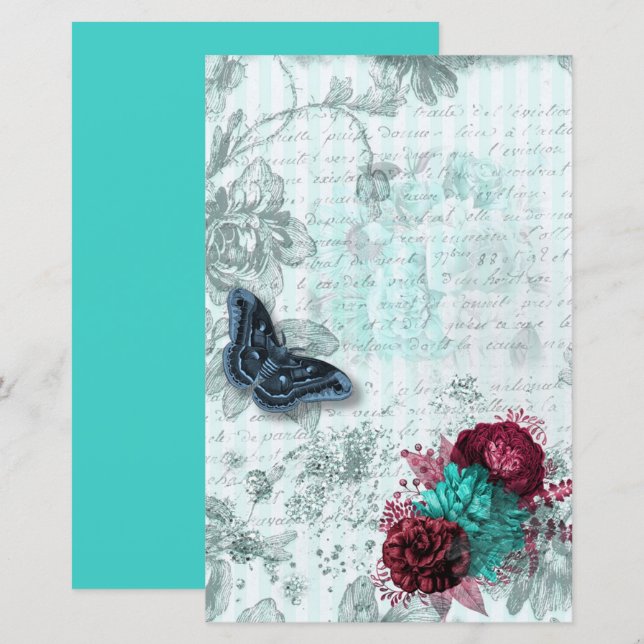 Papel de scrapbook vintage borboleta burgundy ment (Frente/Verso)