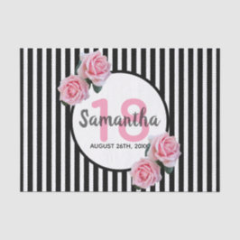 Papel De Seda 18.º aniversário - rosas rosa - listras brancas pr